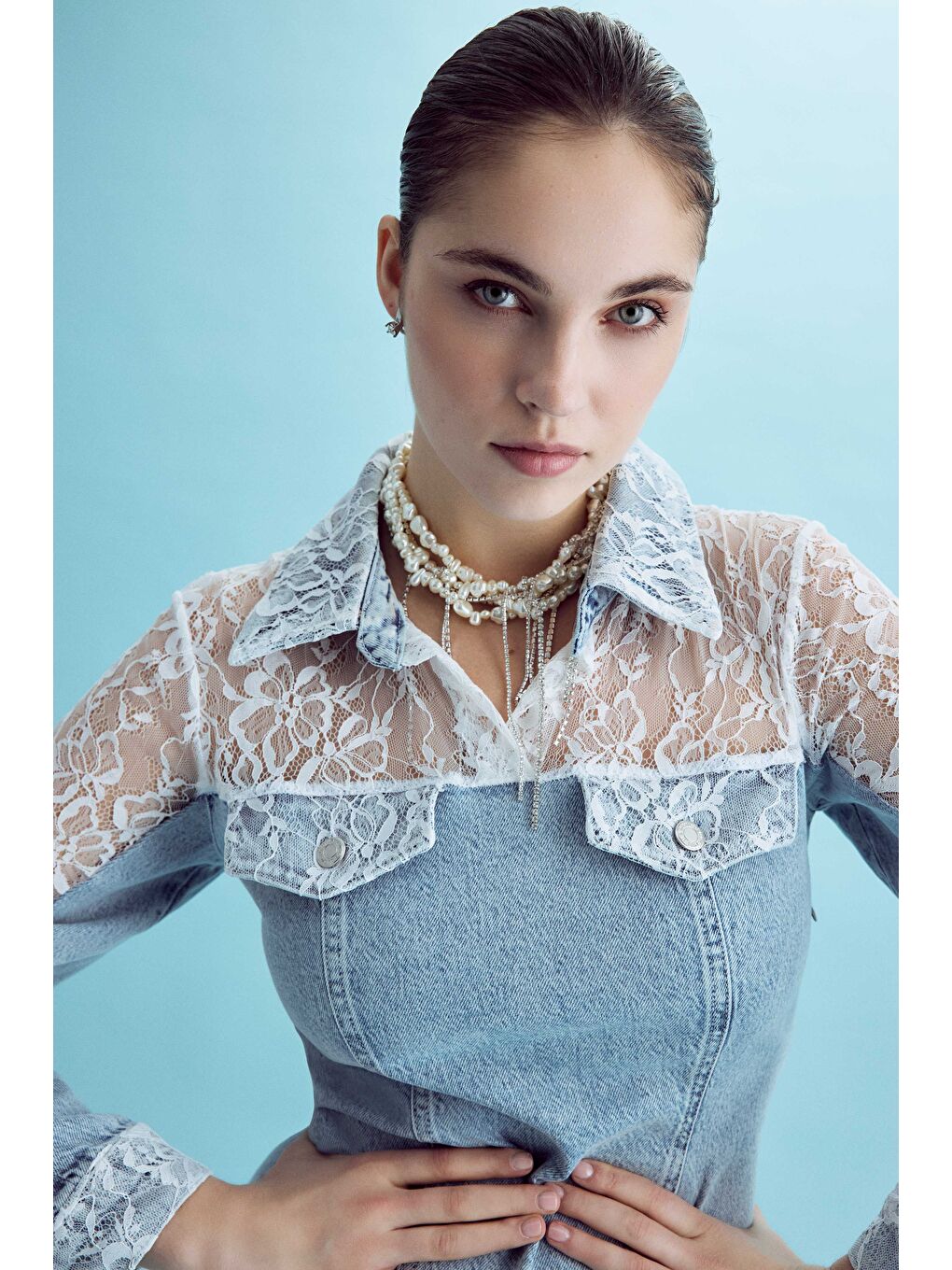 Mavi Kadın Jean Rengi 3S5-27 Dantelli Straight Fit Midi Boy Denim Elbise-2