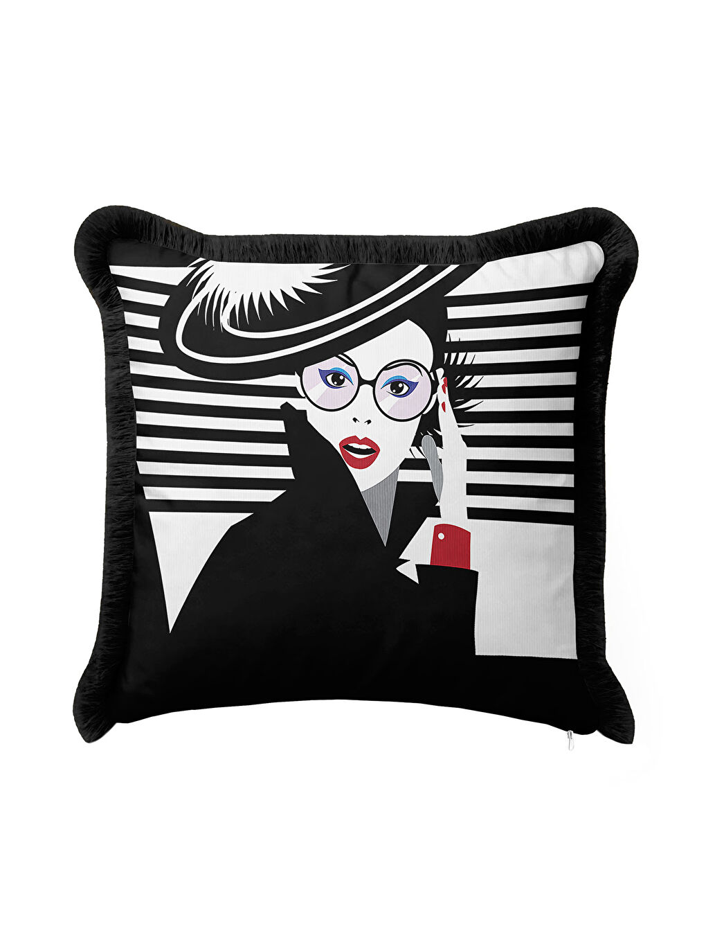 Karışık Portre Sanatı Saçaklı Yastık Kılıfı - Minimalist Modern Siyah Beyaz Püsküllü Kırlent Kılıfı-3