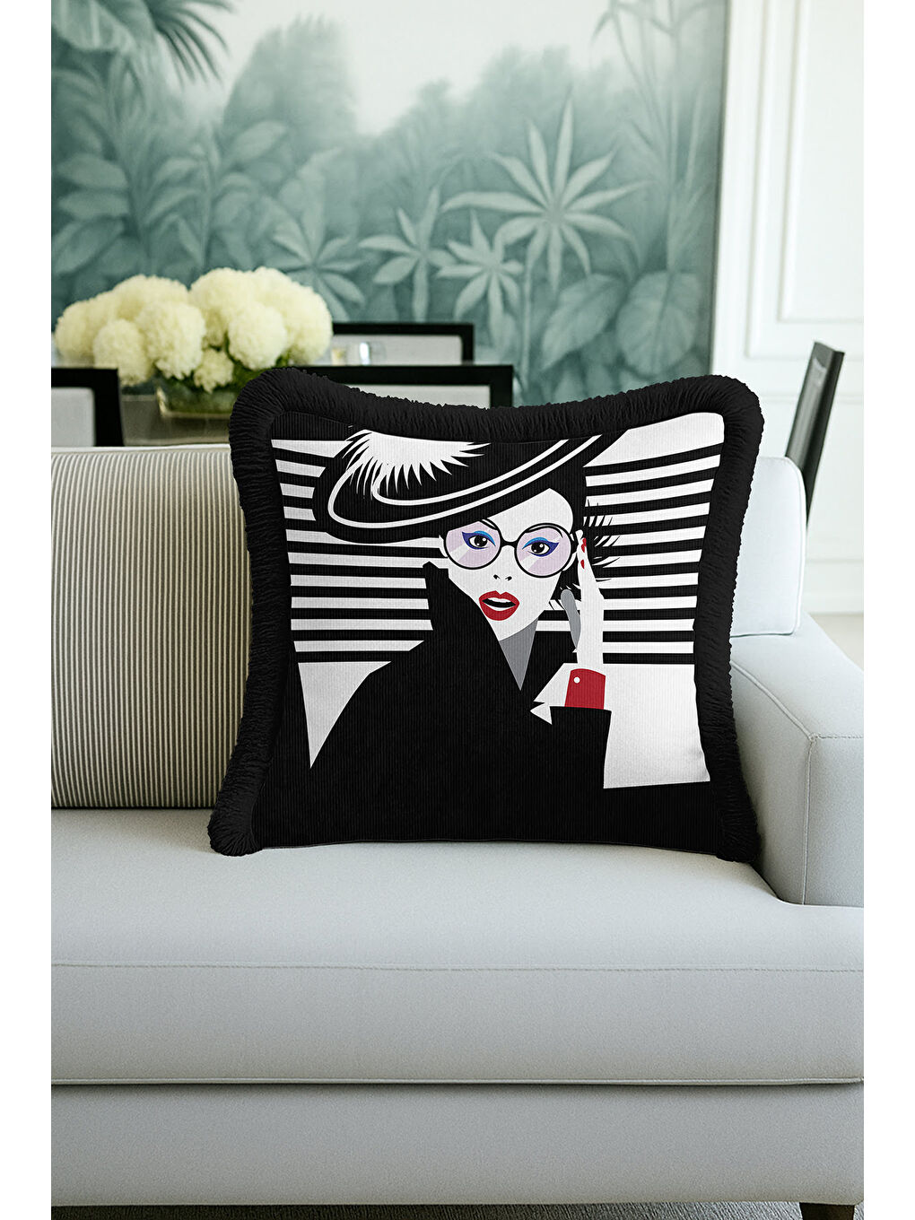 Karışık Portre Sanatı Saçaklı Yastık Kılıfı - Minimalist Modern Siyah Beyaz Püsküllü Kırlent Kılıfı-4