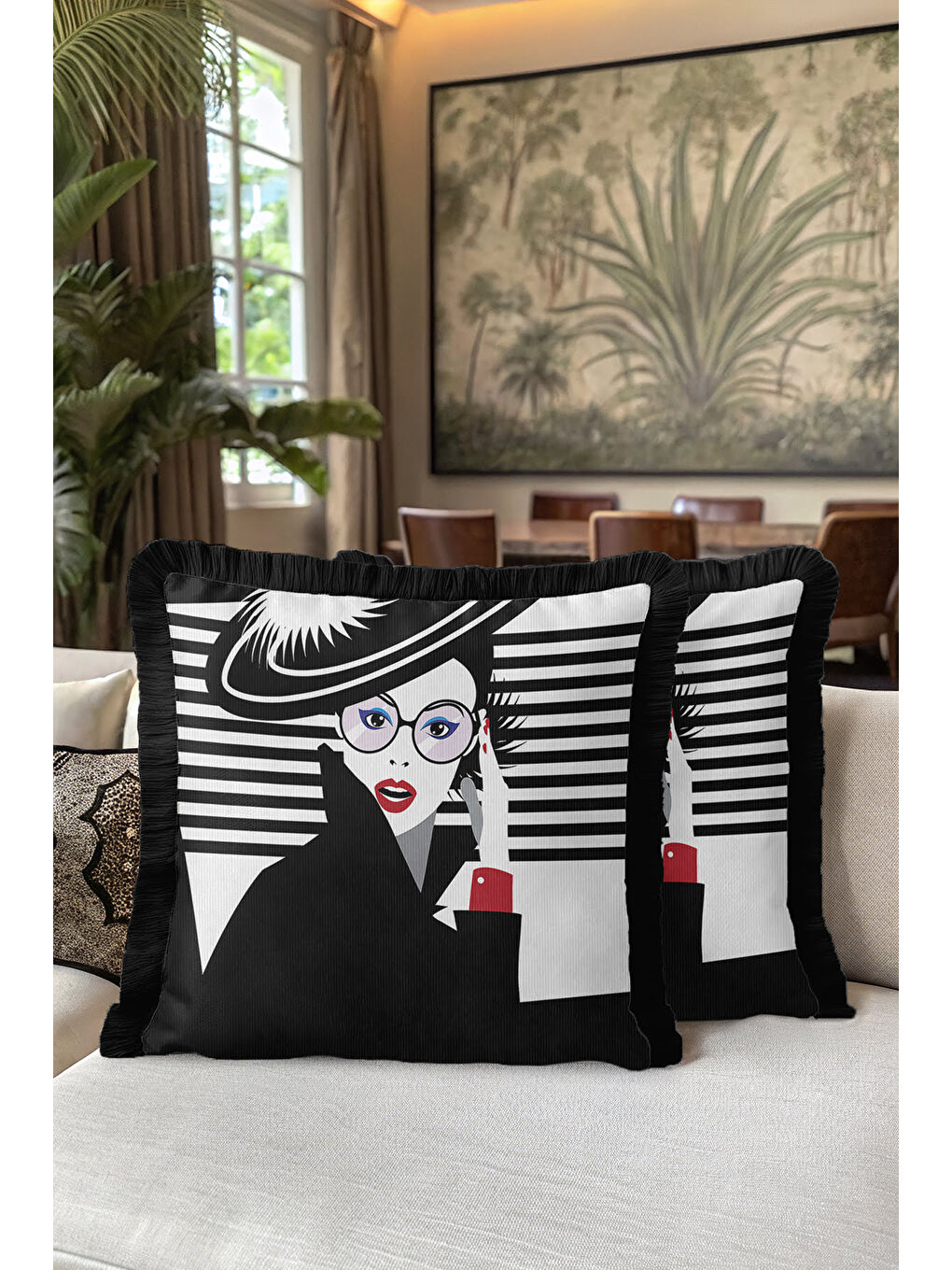 Karışık Portre Sanatı Saçaklı Yastık Kılıfı - Minimalist Modern Siyah Beyaz Püsküllü Kırlent Kılıfı-5