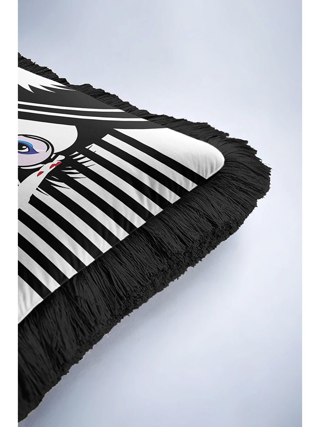 Karışık Portre Sanatı Saçaklı Yastık Kılıfı - Minimalist Modern Siyah Beyaz Püsküllü Kırlent Kılıfı-6