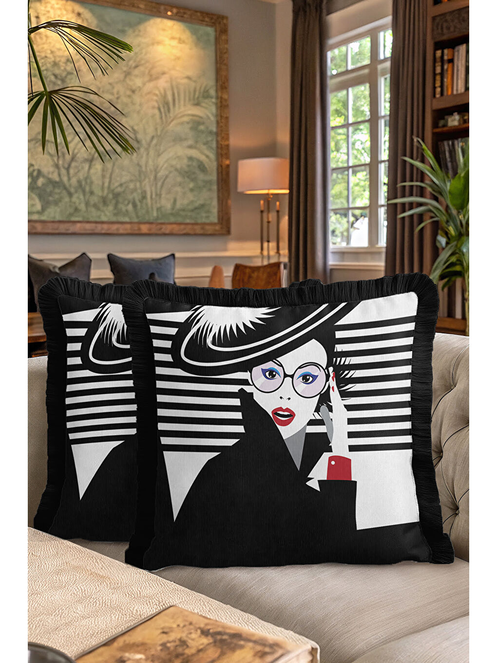 Karışık Portre Sanatı Saçaklı Yastık Kılıfı - Minimalist Modern Siyah Beyaz Püsküllü Kırlent Kılıfı-7