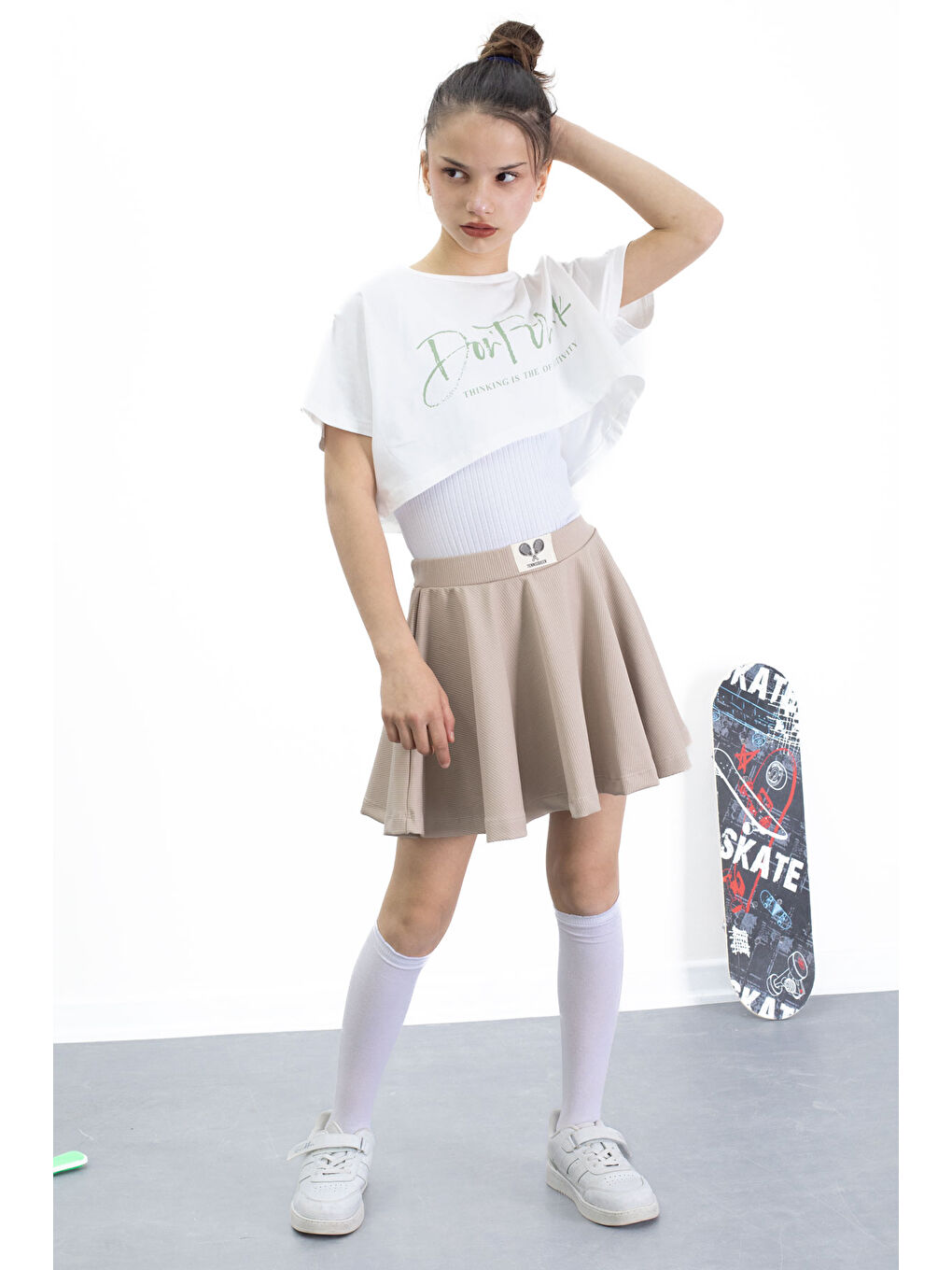 Bej Beli Lastikli Fitilli Kız Çocuk Tenis Eteği 21040