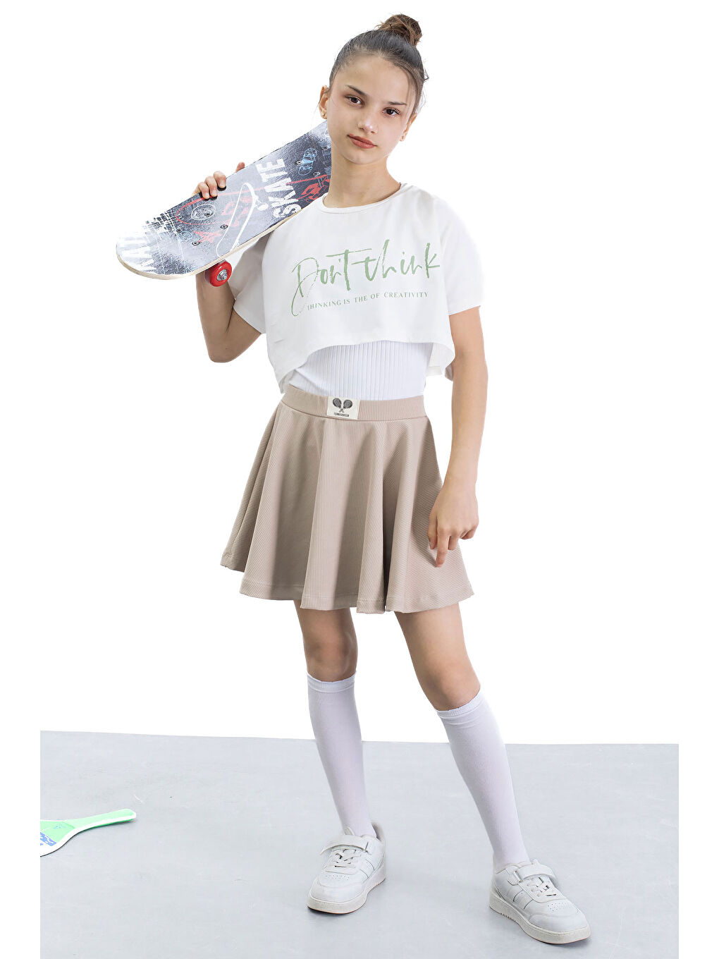 Bej Beli Lastikli Fitilli Kız Çocuk Tenis Eteği 21040-2