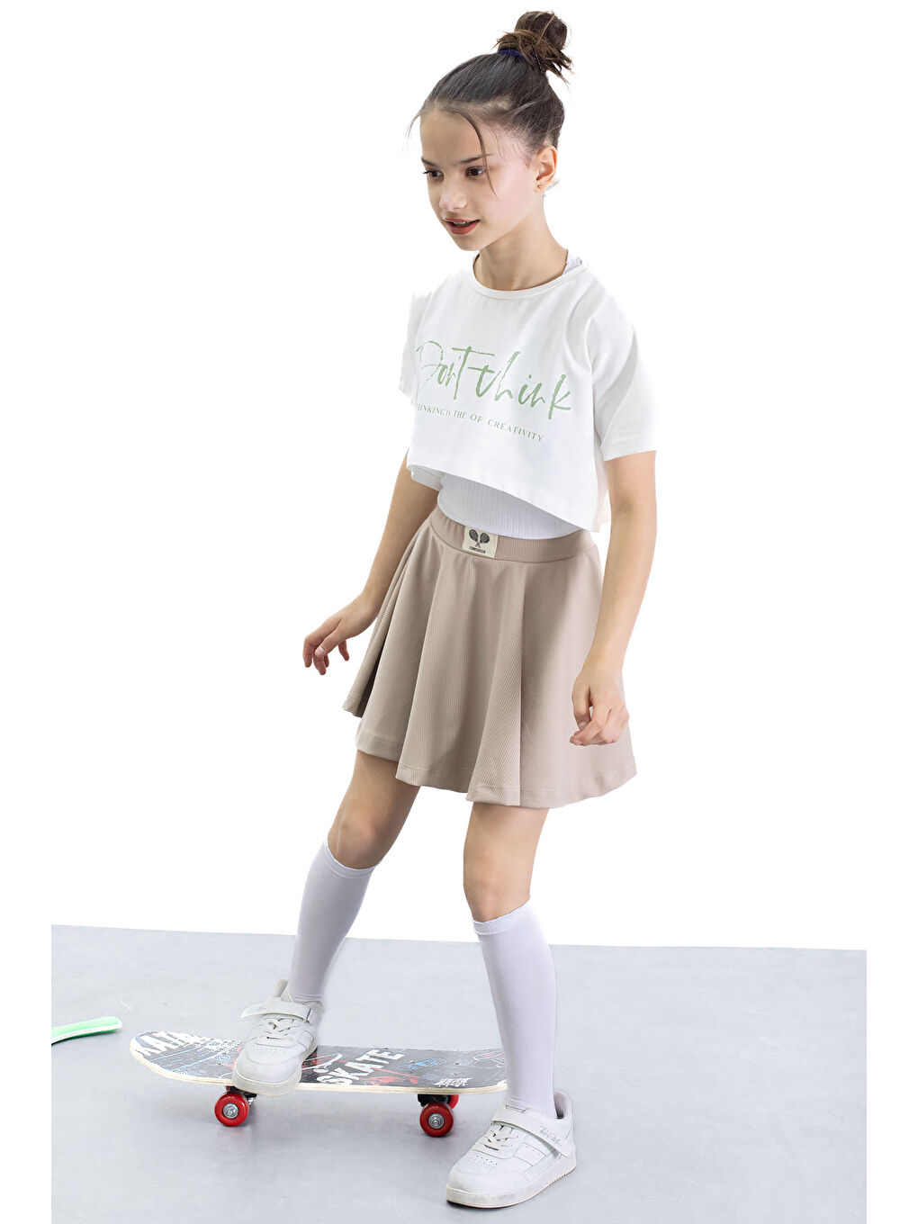 Bej Beli Lastikli Fitilli Kız Çocuk Tenis Eteği 21040-3