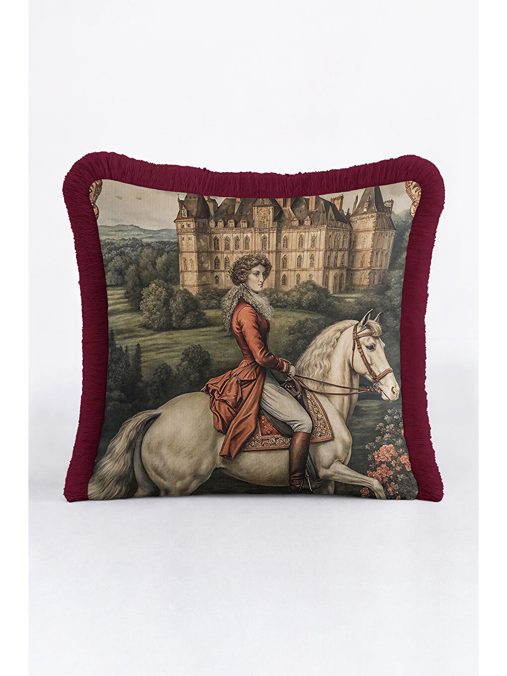 Karışık Barok Saray Koleksiyonu Saçaklı Yastık Kılıfı - Retro Fransız Kırmızı Püsküllü Kırlent Kılıfı-3