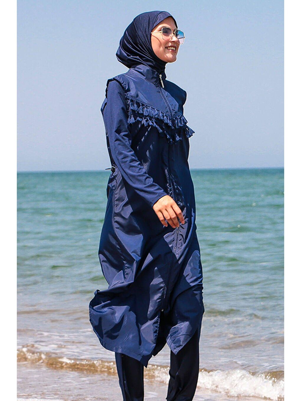 Lacivert Püsküllü Paraşüt 4’lü Uzun Tam Kapalı Tesettür Mayo 1998-3