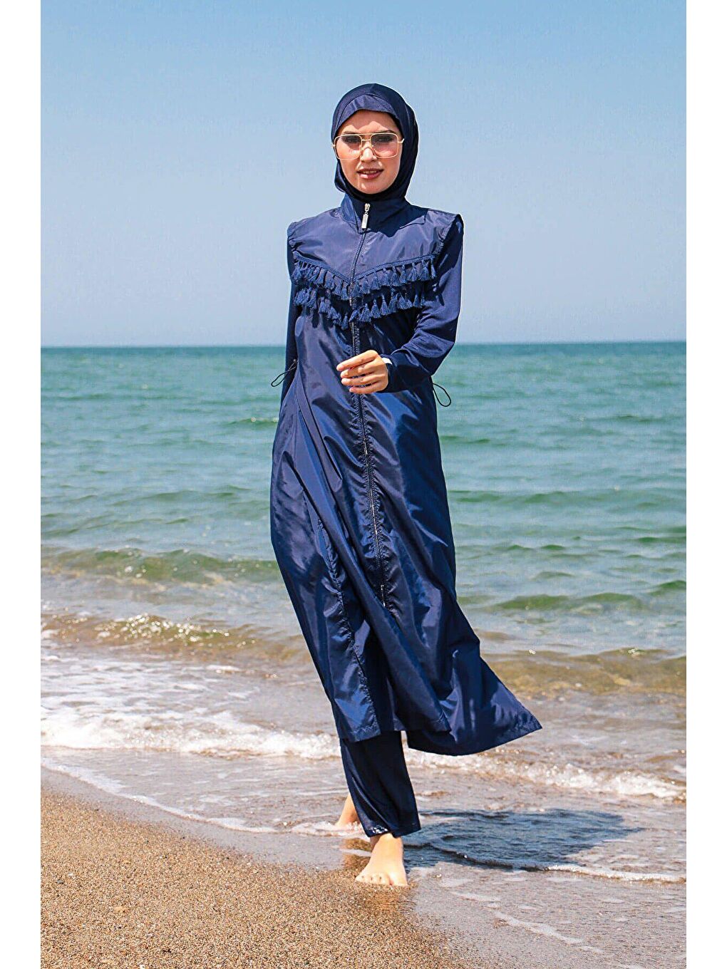 Lacivert Püsküllü Paraşüt 4’lü Uzun Tam Kapalı Tesettür Mayo 1998-4