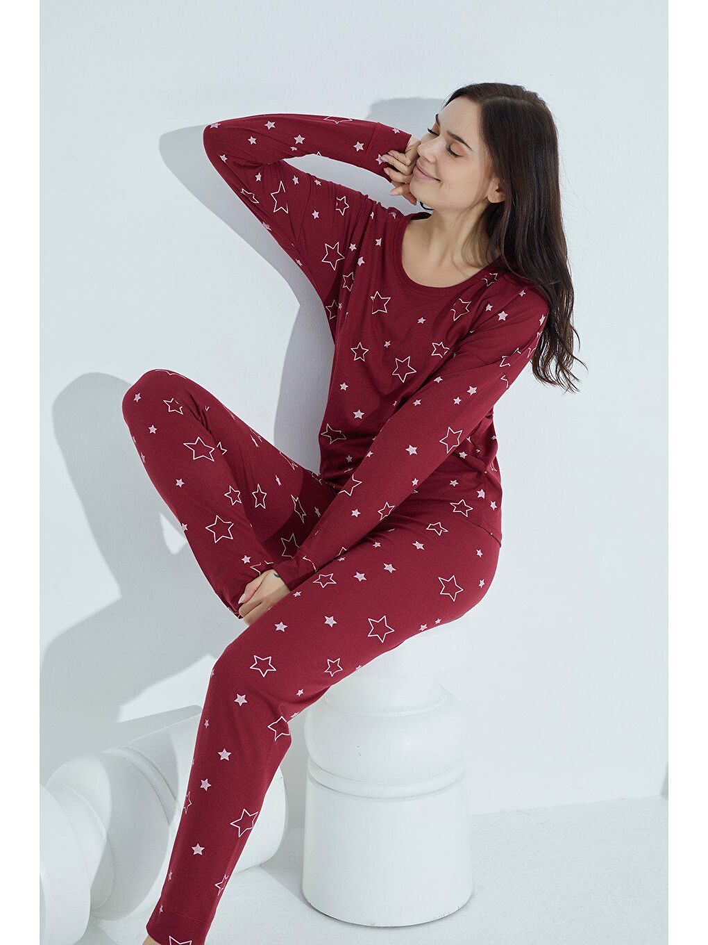 TAMPAP Bordo Kadın Desenli Pijama Takımı Bisiklet Yaka  954 - 1