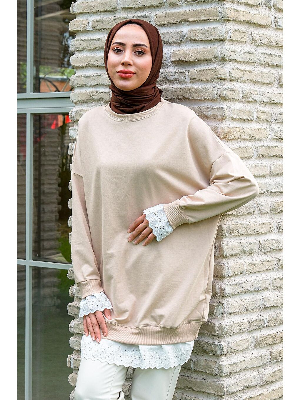 Ekru Dantelli Bisiklet Yaka Tunik Krem