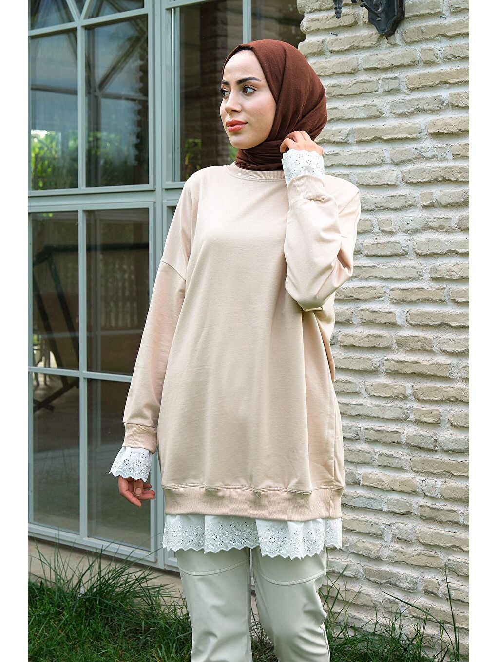 Ekru Dantelli Bisiklet Yaka Tunik Krem-1