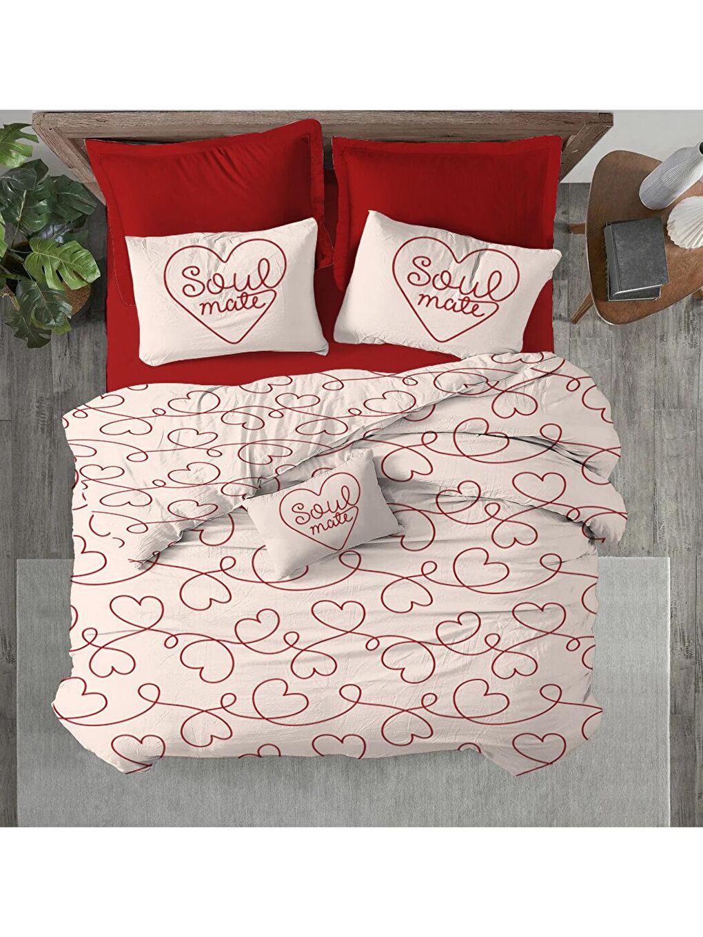 Kırmızı Kalp, sevgililer günü özel desen baskılı çift Kişilik 200x220 Cm ÇARŞAFSIZ Nevresim Takımı-1