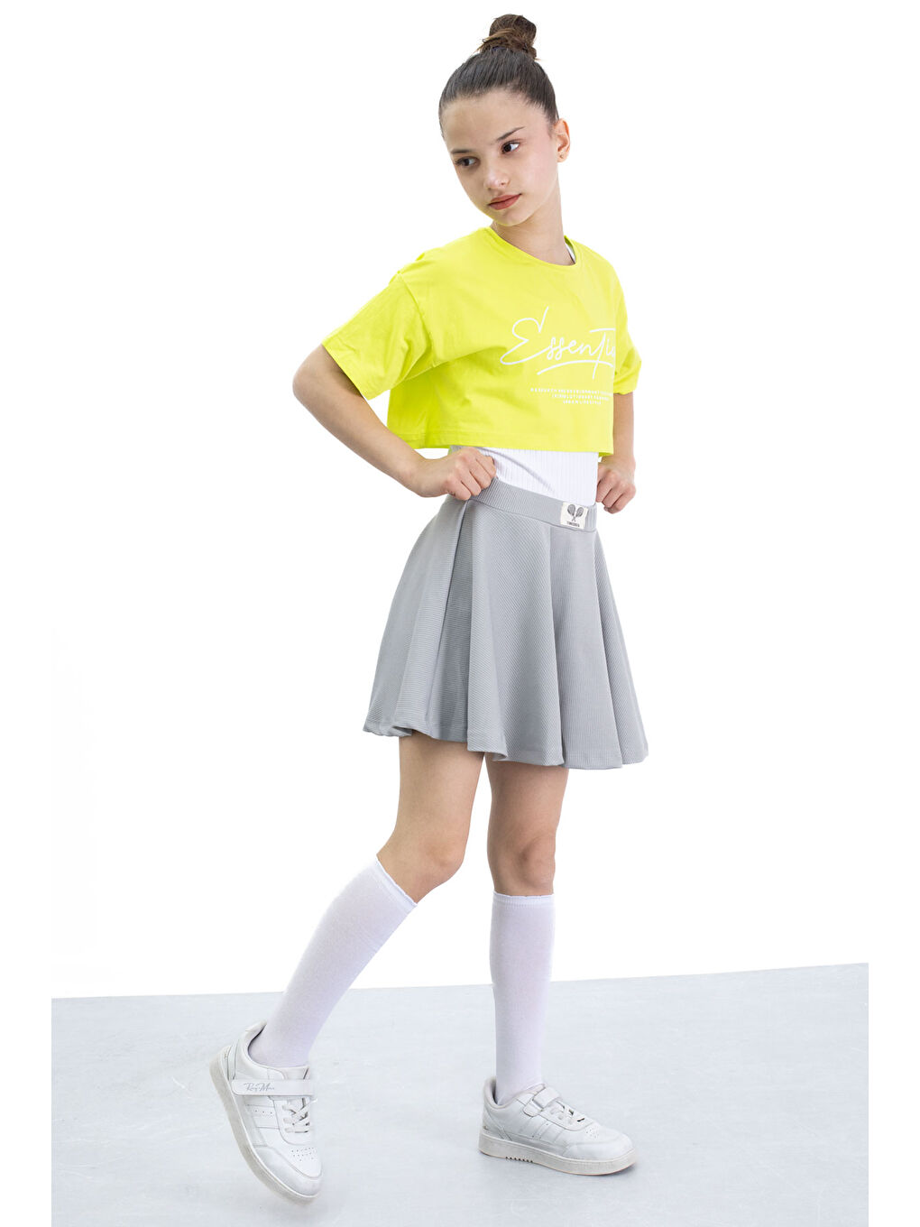 Gri Beli Lastikli Fitilli Kız Çocuk Tenis Eteği 21043-2
