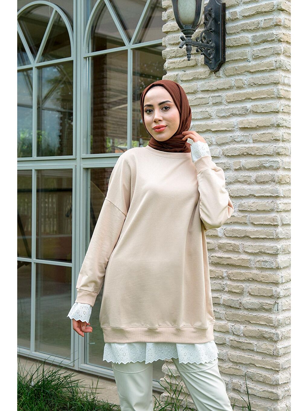 Ekru Dantelli Bisiklet Yaka Tunik Krem-2