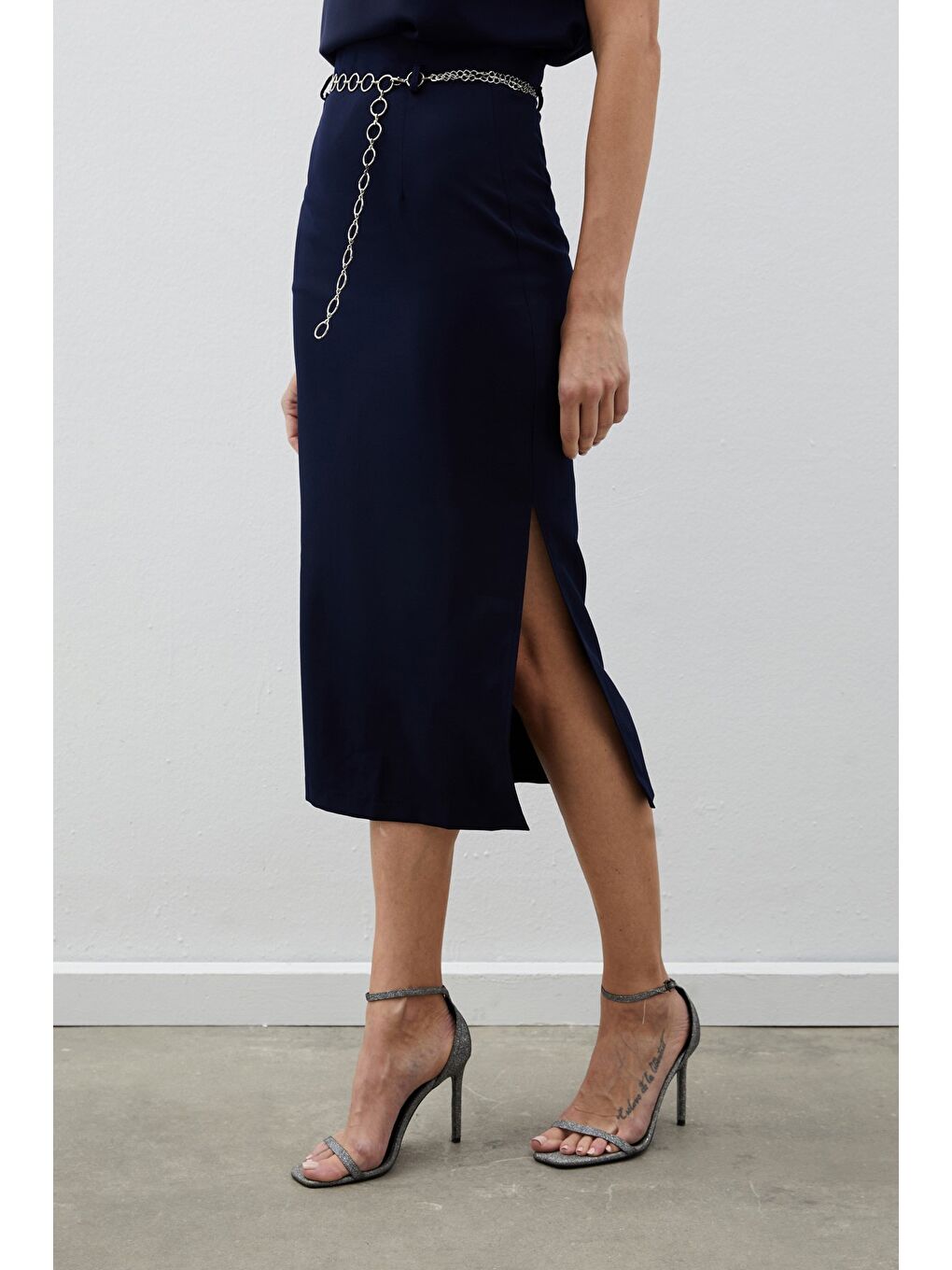Gümüş Zincirli Kalem Etek - Lacivert-3