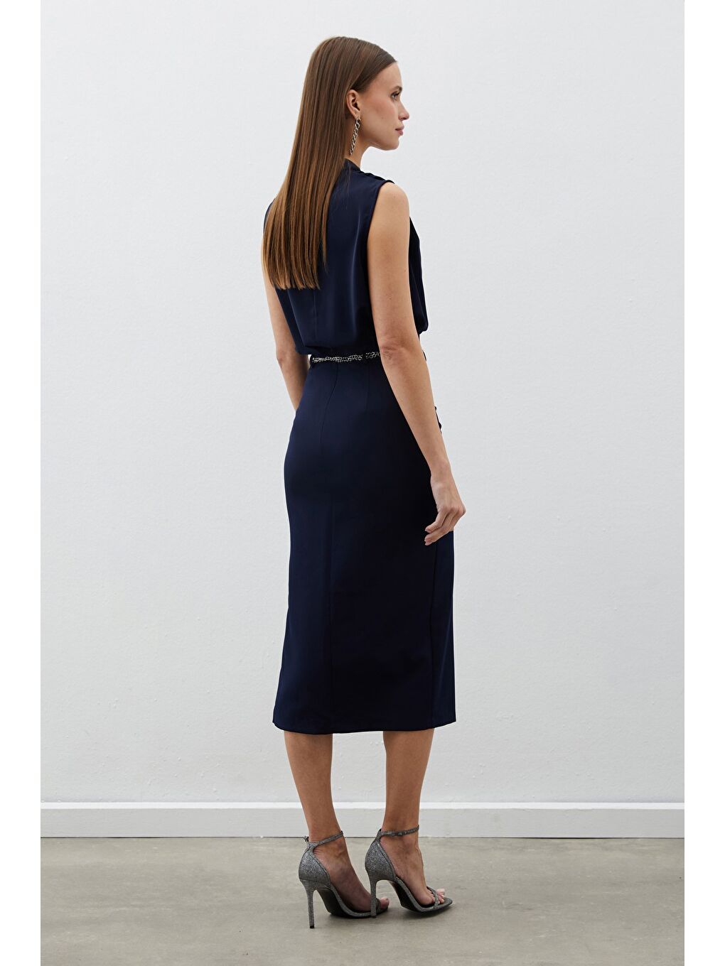 Gümüş Zincirli Kalem Etek - Lacivert-4