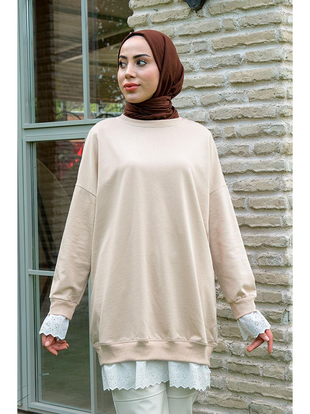 Ekru Dantelli Bisiklet Yaka Tunik Krem-3