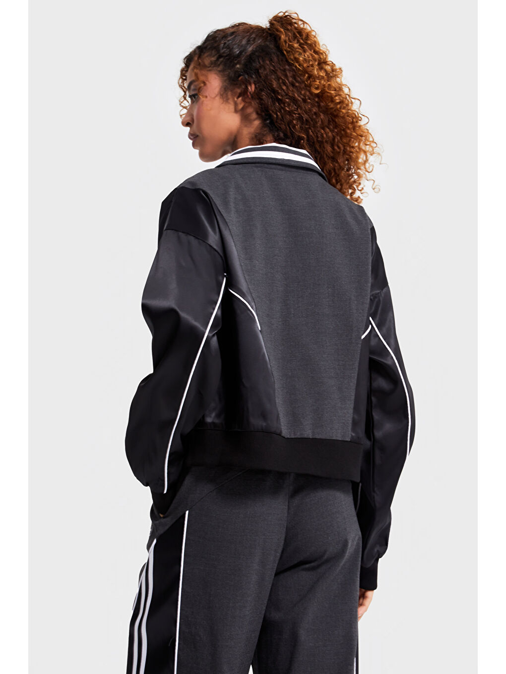 Kadın Antrasit Renk Saten Ve Dokuma Çift Parça Kumaş Özel Tasarım Ceket-3