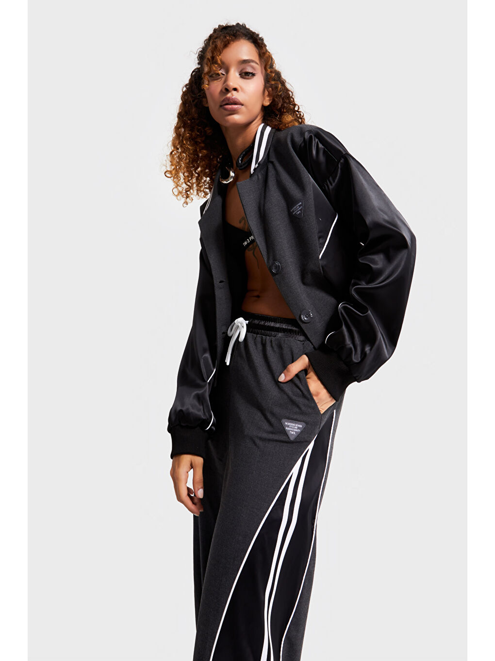 Kadın Antrasit Renk Saten Ve Dokuma Çift Parça Kumaş Özel Tasarım Ceket-4