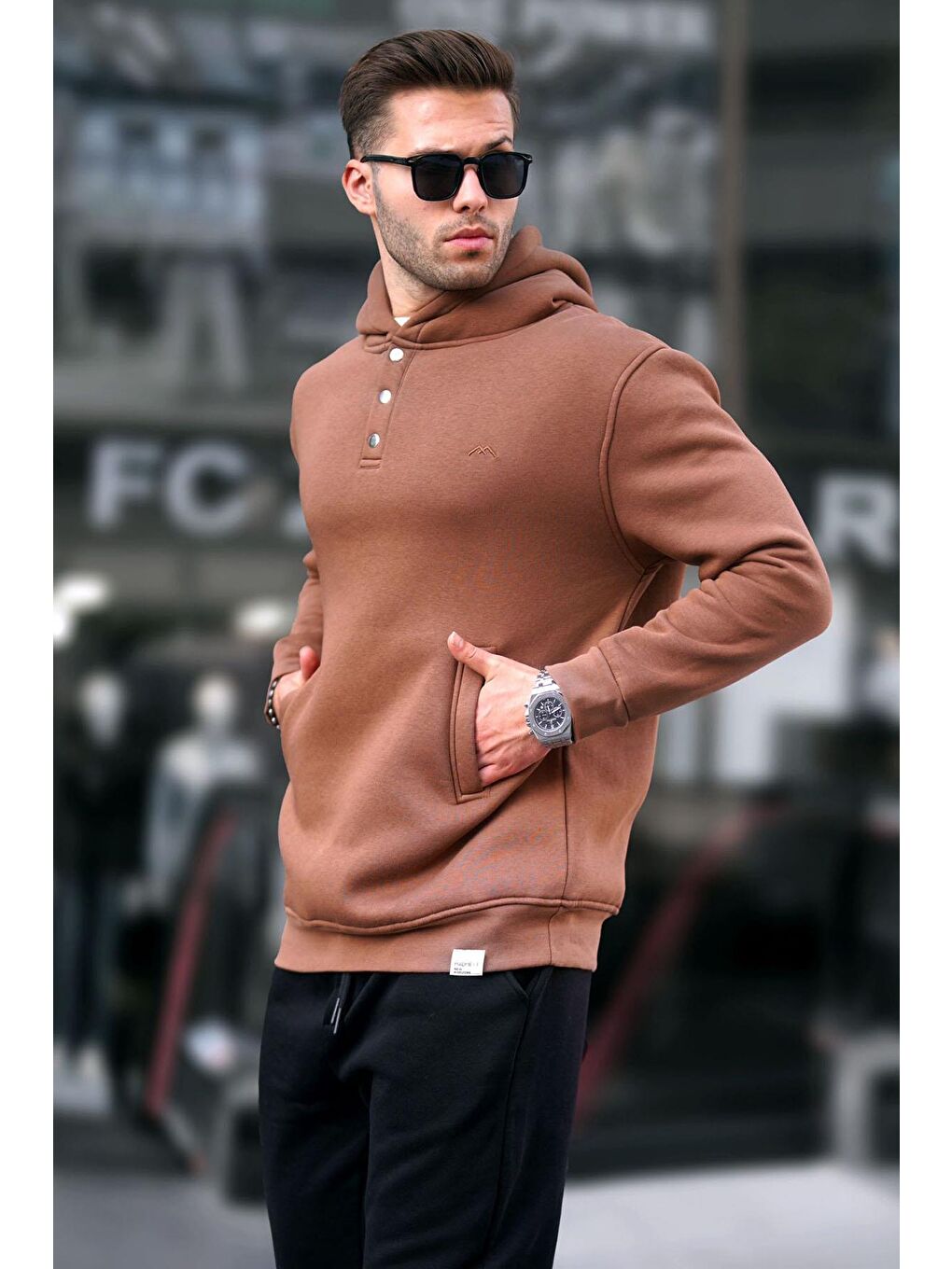 Madmext Kahverengi  Kapüşonlu Düğme Detaylı Sweatshirt 6150