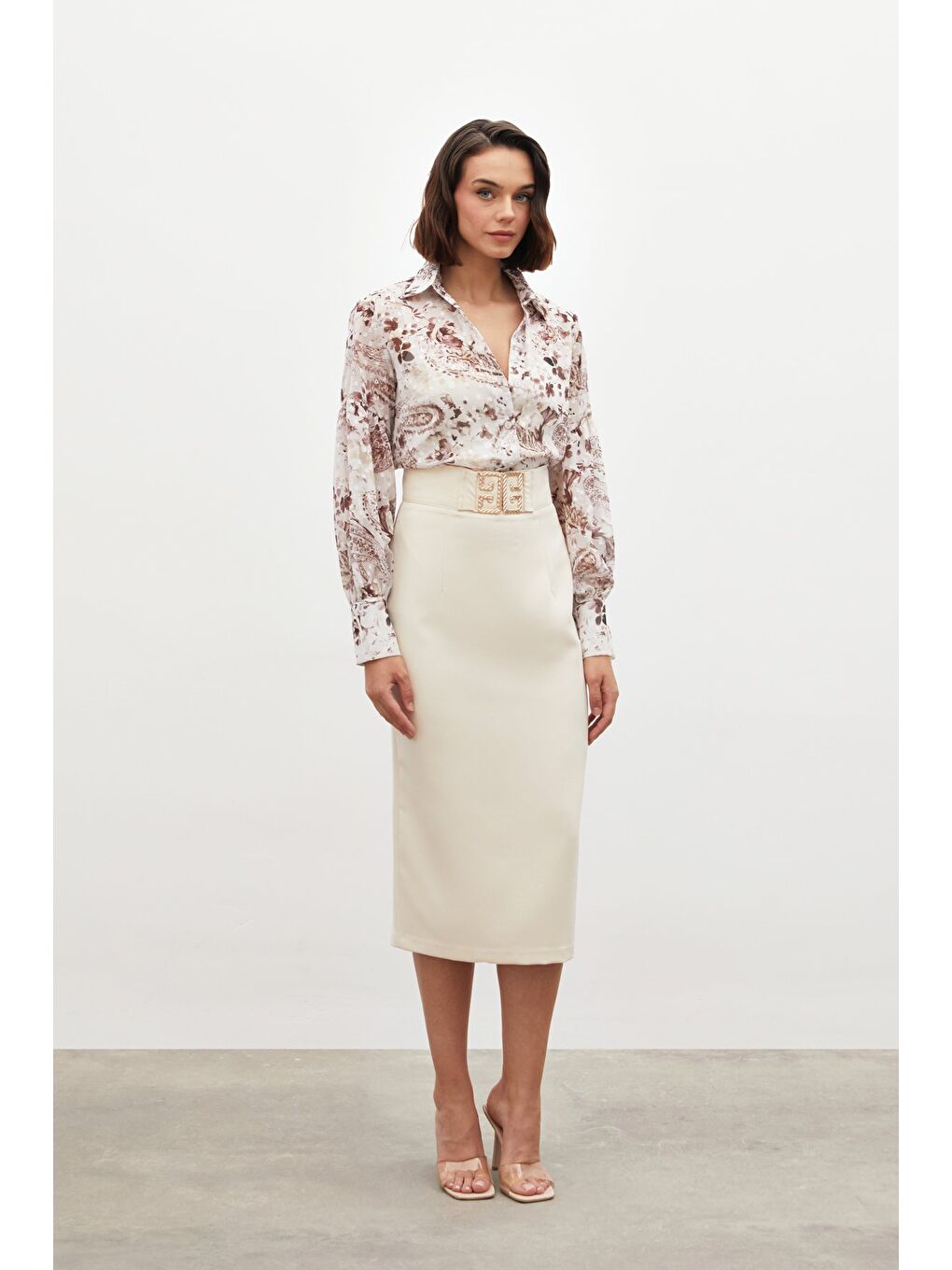 Aksesuar Detaylı Kalem Etek - Bej