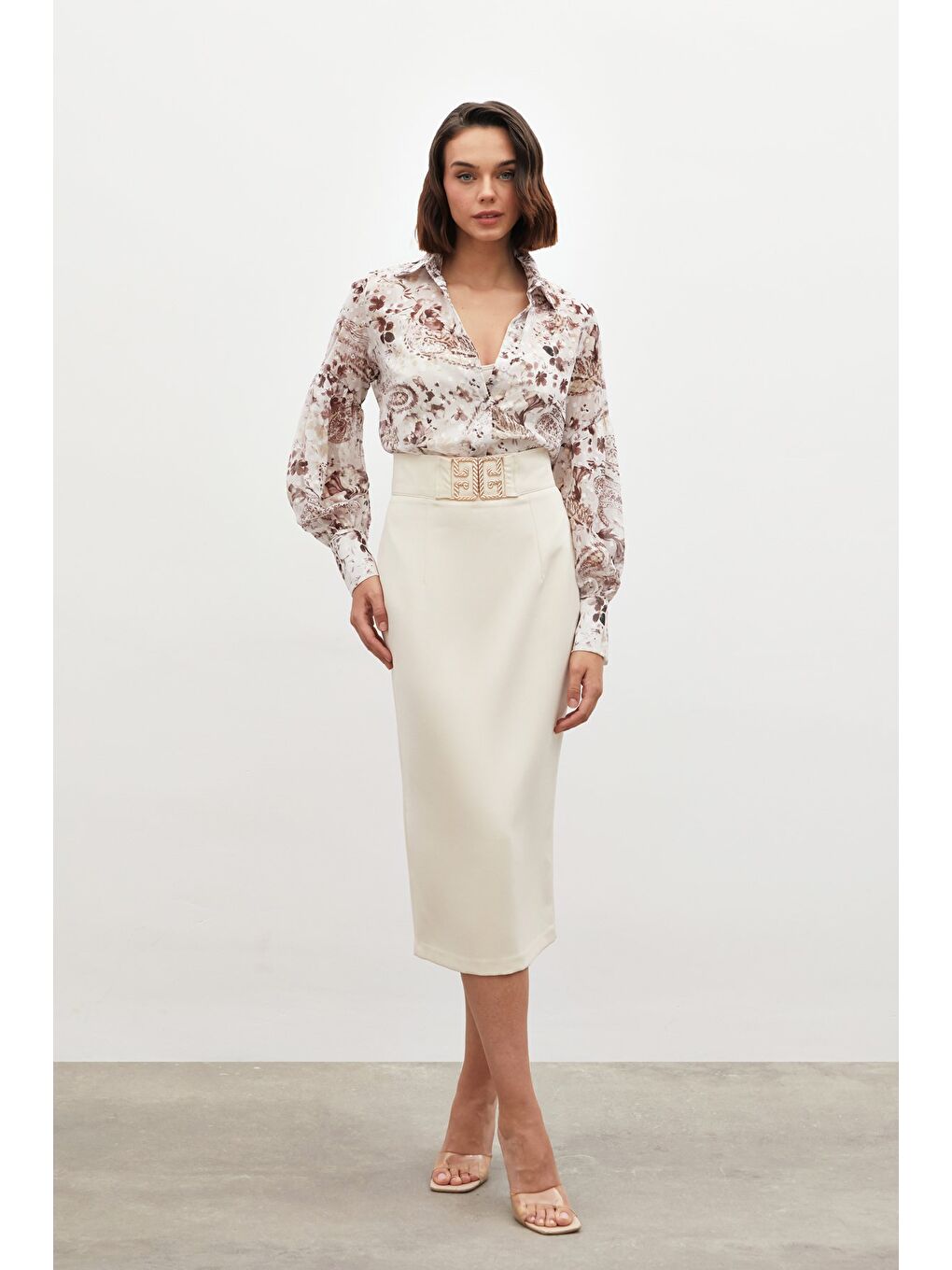 Aksesuar Detaylı Kalem Etek - Bej-1