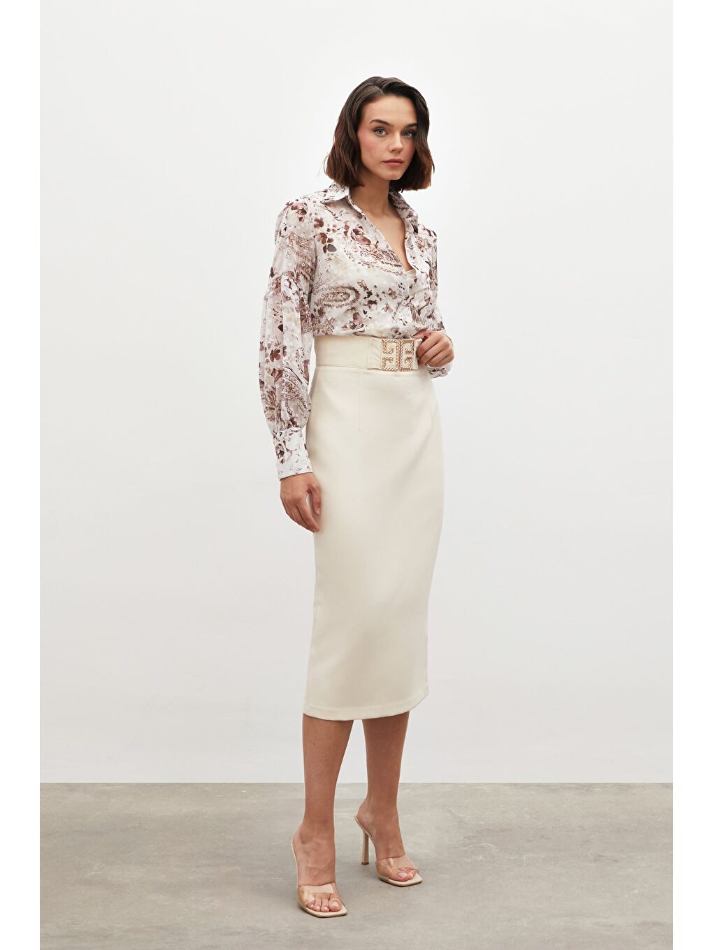 Aksesuar Detaylı Kalem Etek - Bej-2