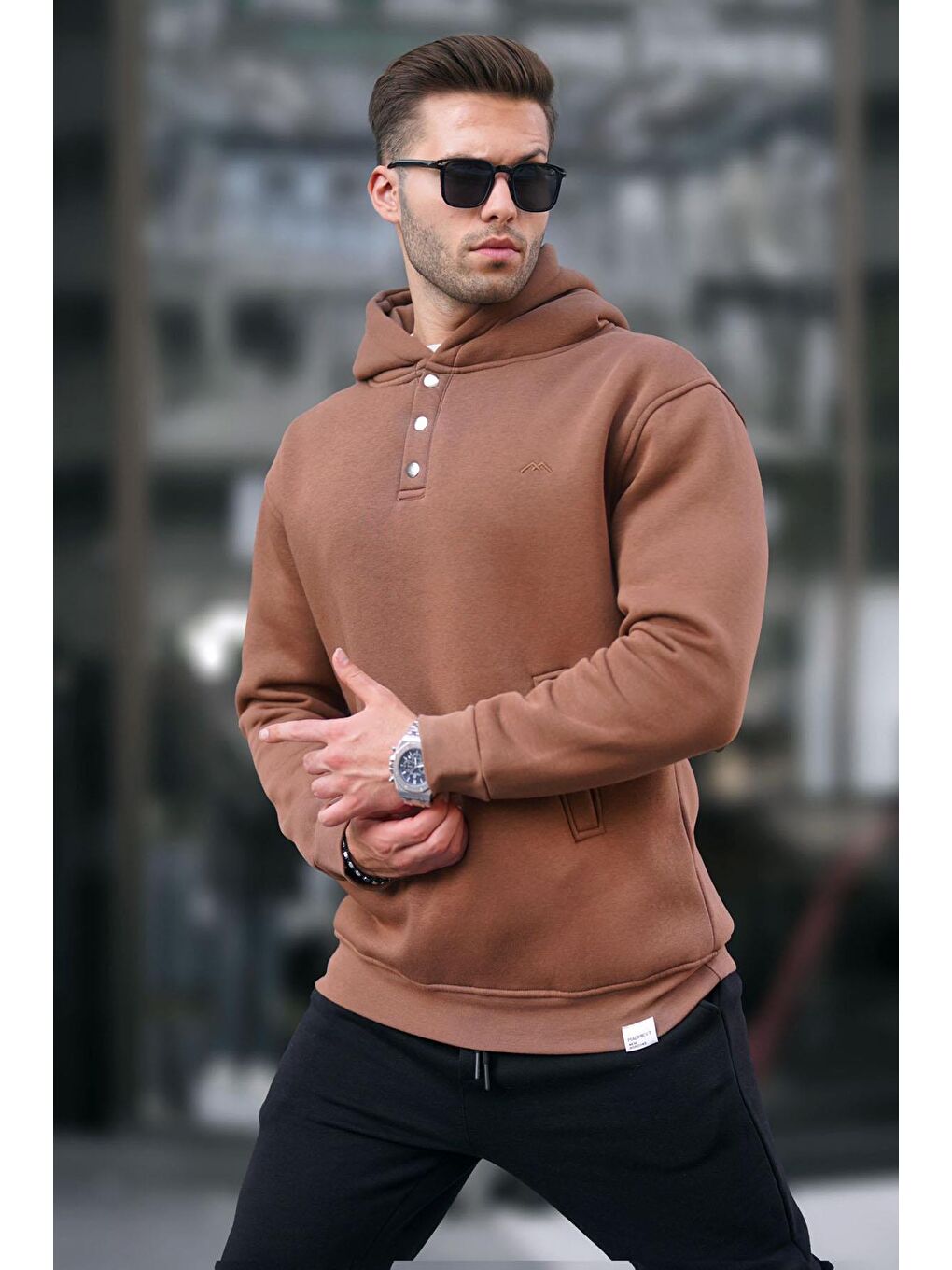 Madmext Kahverengi  Kapüşonlu Düğme Detaylı Sweatshirt 6150 - 1