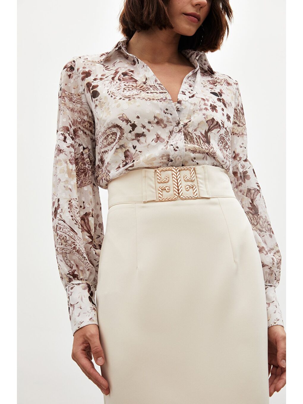 Aksesuar Detaylı Kalem Etek - Bej-4