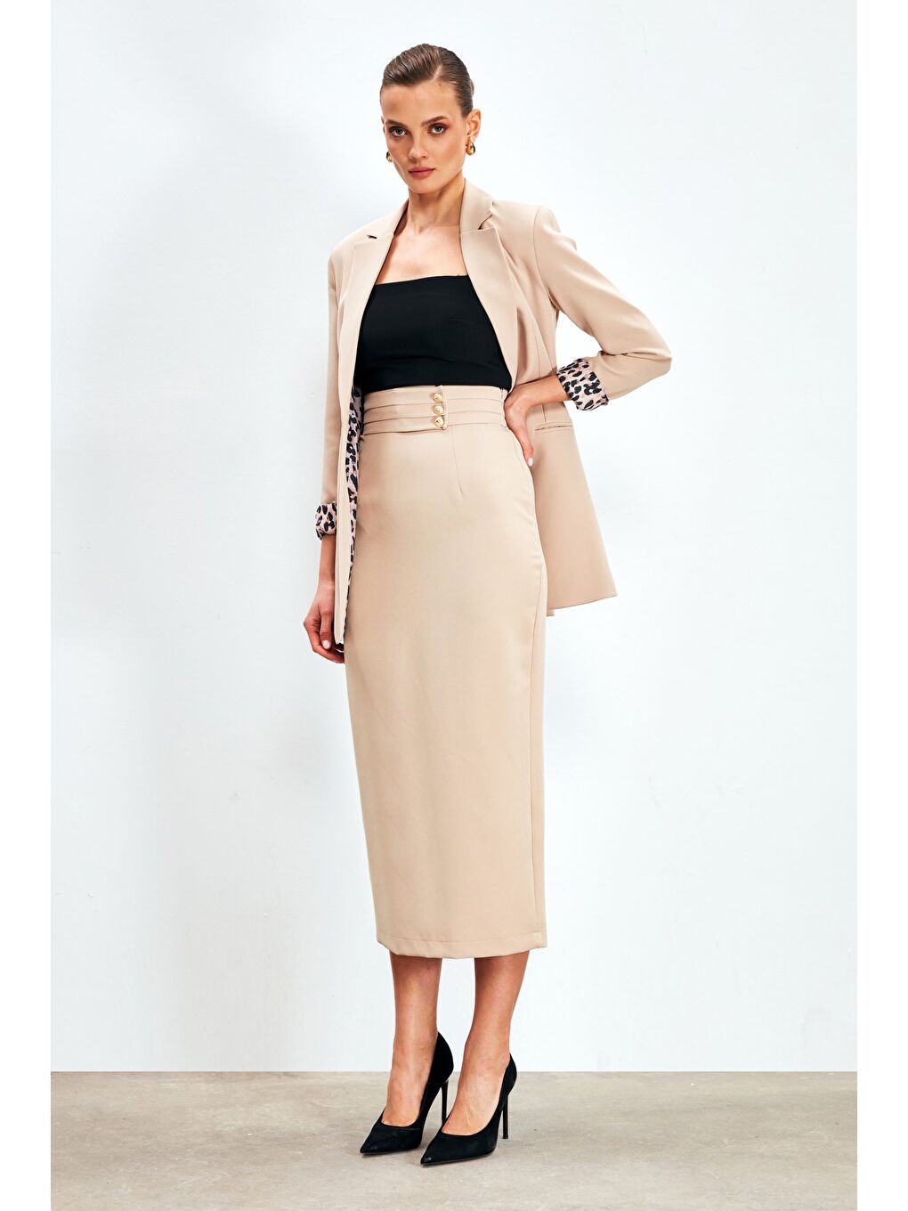 Düğme Detaylı Midi Etek - Bej