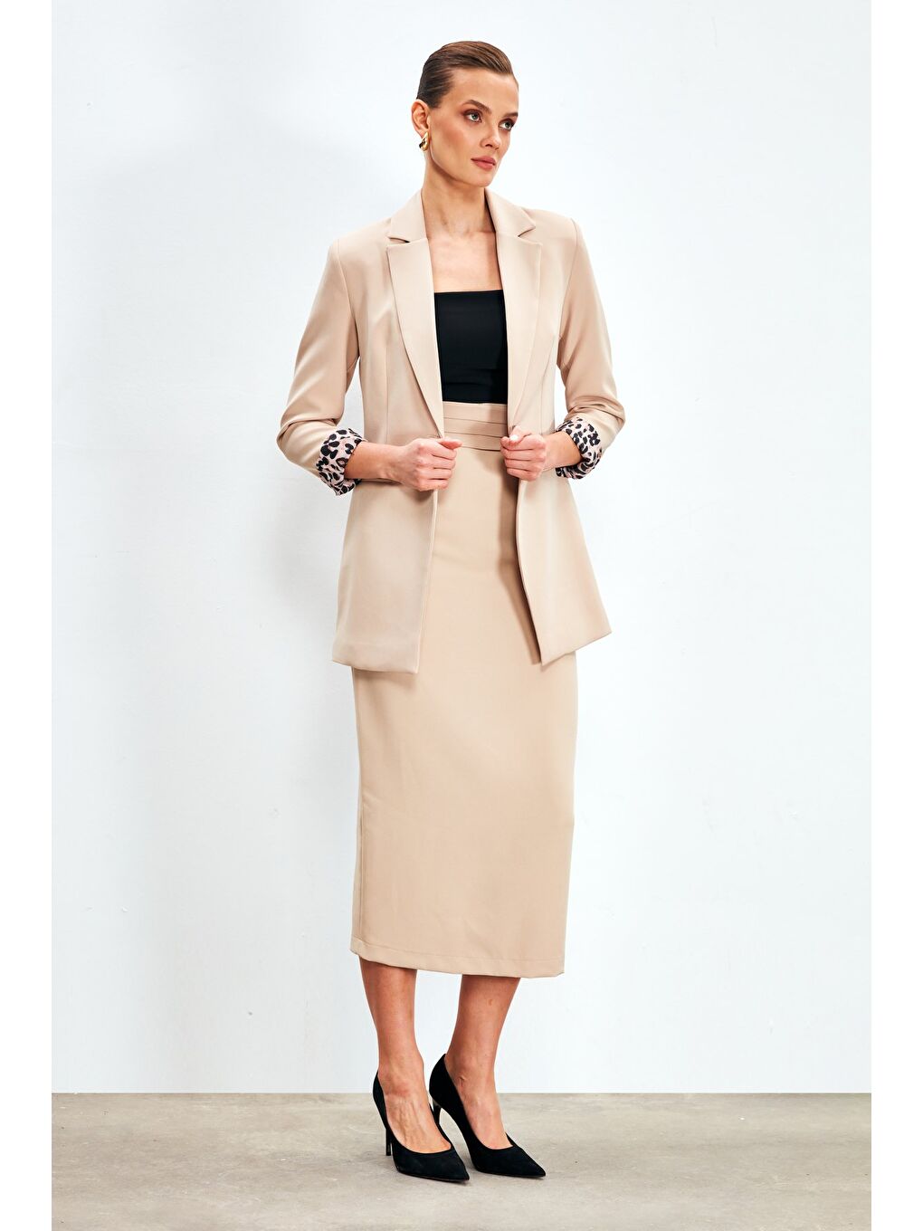 Düğme Detaylı Midi Etek - Bej-1