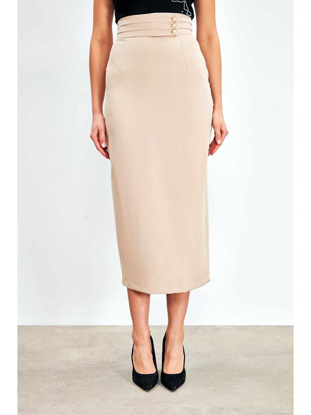 Düğme Detaylı Midi Etek - Bej-2