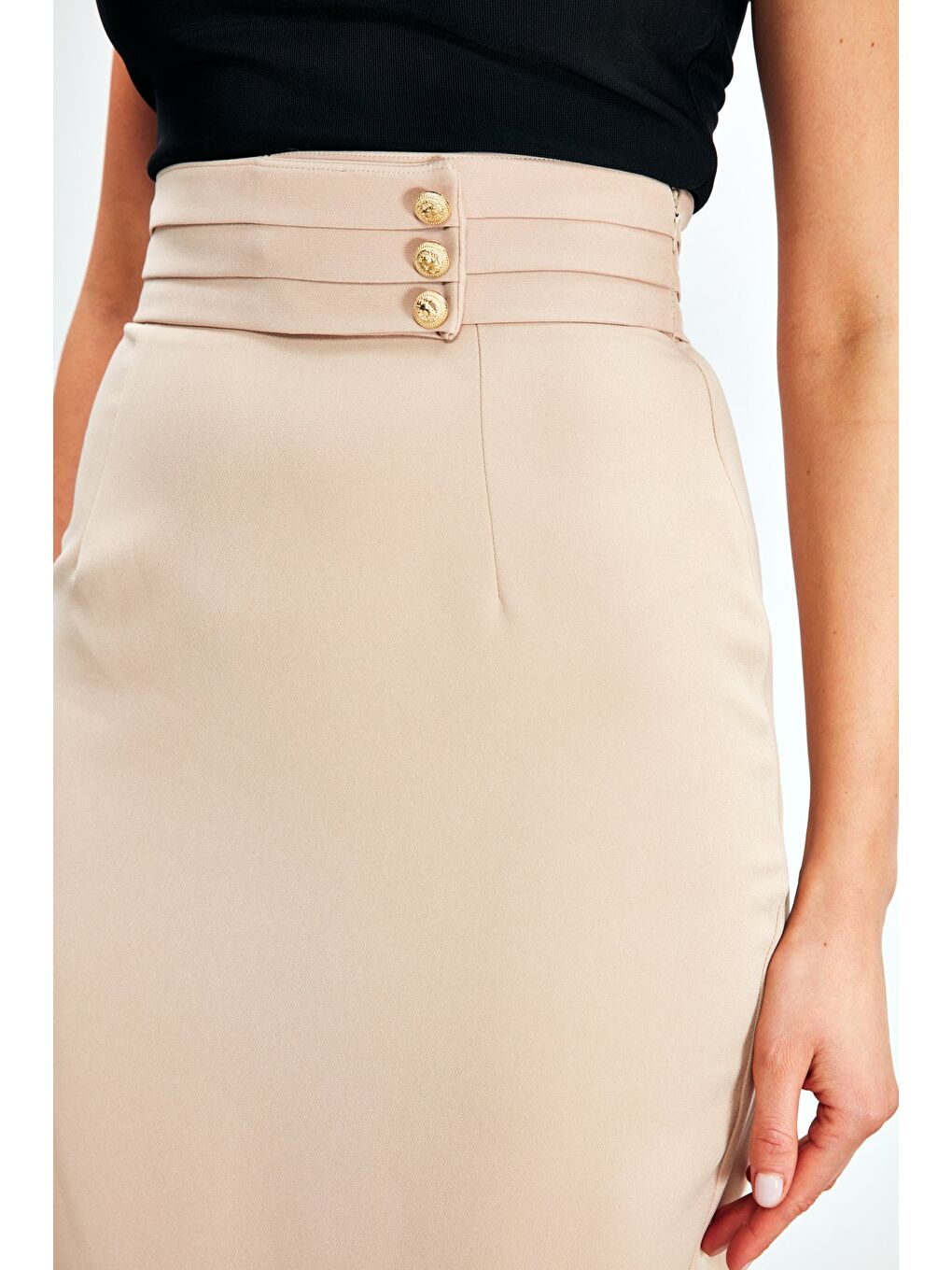 Düğme Detaylı Midi Etek - Bej-3