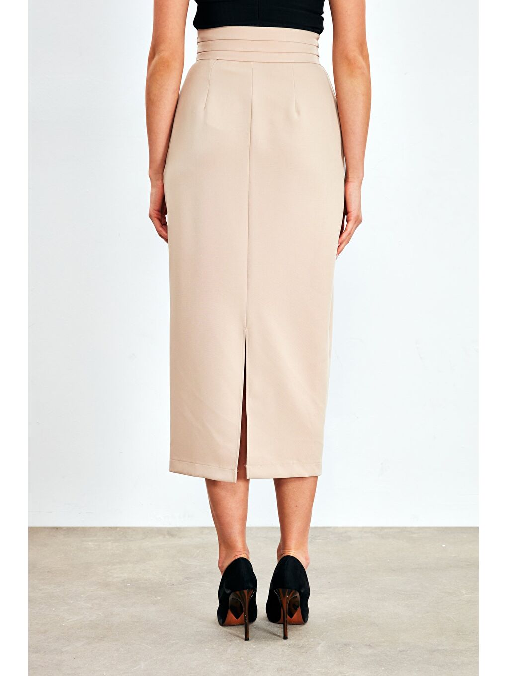 Düğme Detaylı Midi Etek - Bej-4