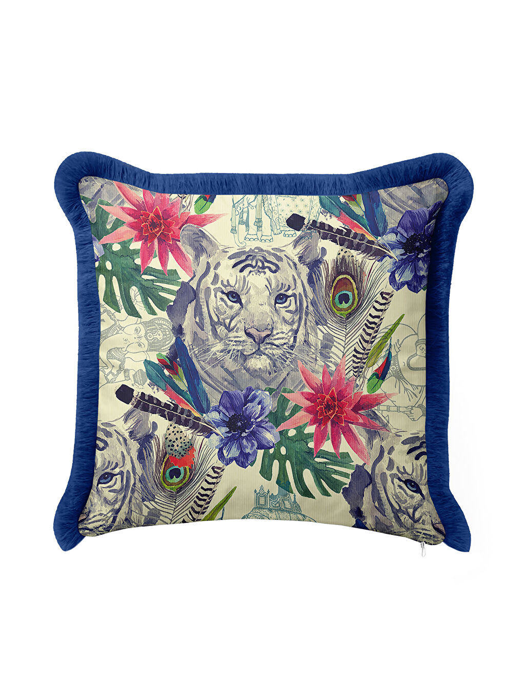 Karışık Kaplan Çiçek Motifli Saçaklı Yastık Kılıfı - Tropikal Bohem Mavi Yapraklı Püsküllü Kırlent Kılıfı