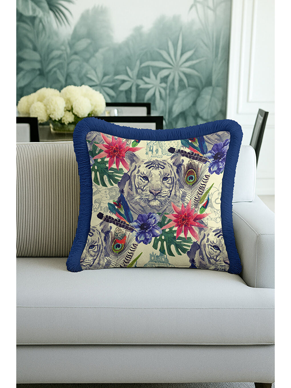 Karışık Kaplan Çiçek Motifli Saçaklı Yastık Kılıfı - Tropikal Bohem Mavi Yapraklı Püsküllü Kırlent Kılıfı-1