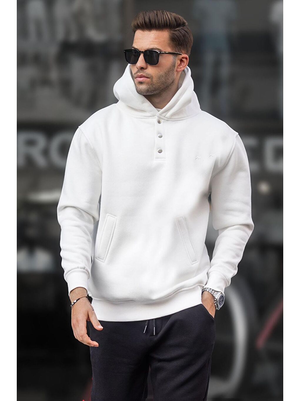 Madmext Ekru Kapüşonlu Düğme Detaylı Sweatshirt 6150