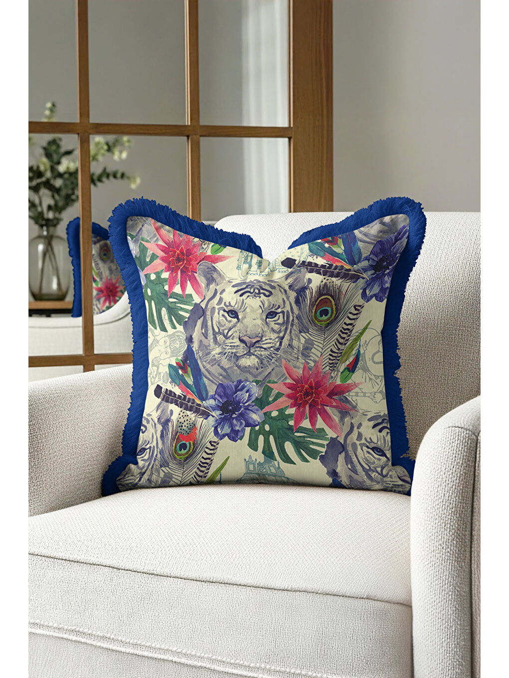 Karışık Kaplan Çiçek Motifli Saçaklı Yastık Kılıfı - Tropikal Bohem Mavi Yapraklı Püsküllü Kırlent Kılıfı-2