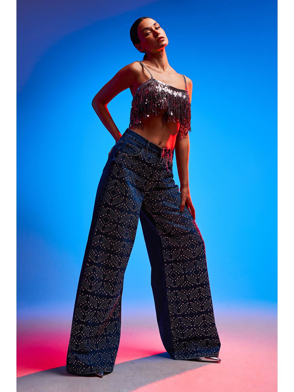 Kadın Koyu Mavi Renk T1-2W4-5 Palazzo Fit Etnik Parlak Taşlı Tasarım Denim Jean-1