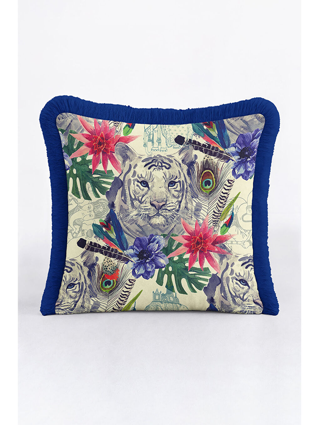 Karışık Kaplan Çiçek Motifli Saçaklı Yastık Kılıfı - Tropikal Bohem Mavi Yapraklı Püsküllü Kırlent Kılıfı-3
