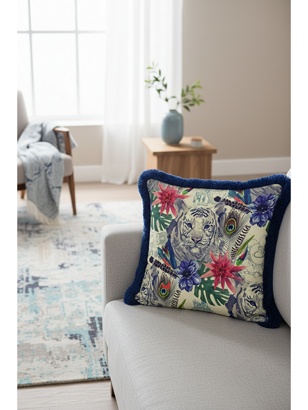 Karışık Kaplan Çiçek Motifli Saçaklı Yastık Kılıfı - Tropikal Bohem Mavi Yapraklı Püsküllü Kırlent Kılıfı-4