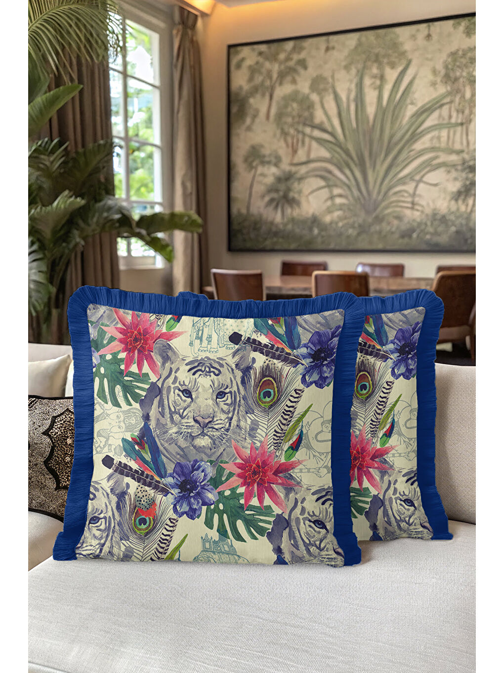 Karışık Kaplan Çiçek Motifli Saçaklı Yastık Kılıfı - Tropikal Bohem Mavi Yapraklı Püsküllü Kırlent Kılıfı-5