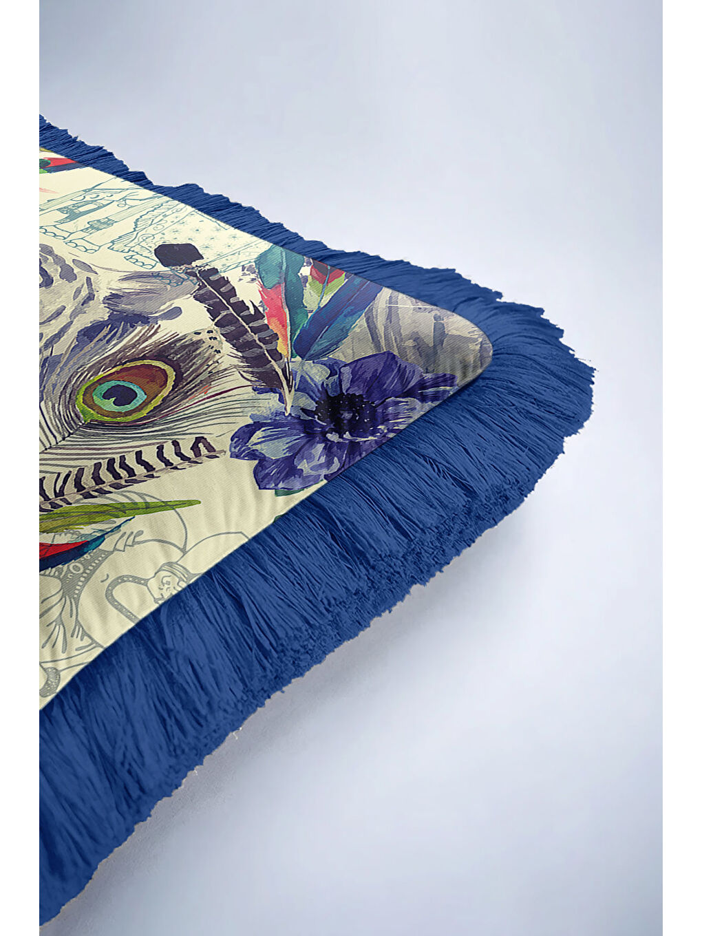 Karışık Kaplan Çiçek Motifli Saçaklı Yastık Kılıfı - Tropikal Bohem Mavi Yapraklı Püsküllü Kırlent Kılıfı-6