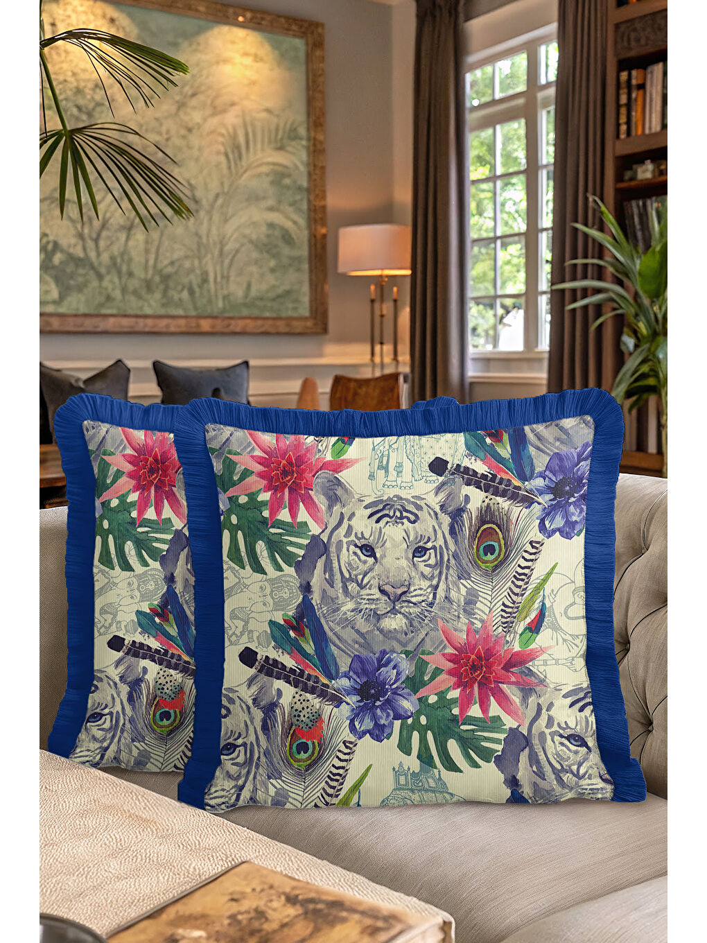 Karışık Kaplan Çiçek Motifli Saçaklı Yastık Kılıfı - Tropikal Bohem Mavi Yapraklı Püsküllü Kırlent Kılıfı-7