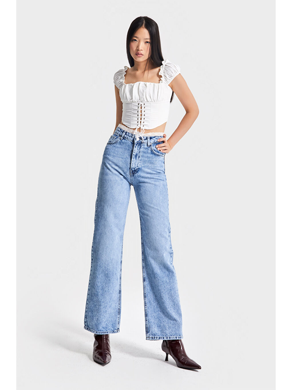 Kadın Mavi Renk Doris D-4s5-27 Straight Fit Kemeri Dantel Detaylı Yüksek Bel Tasarım Denim Jean-2