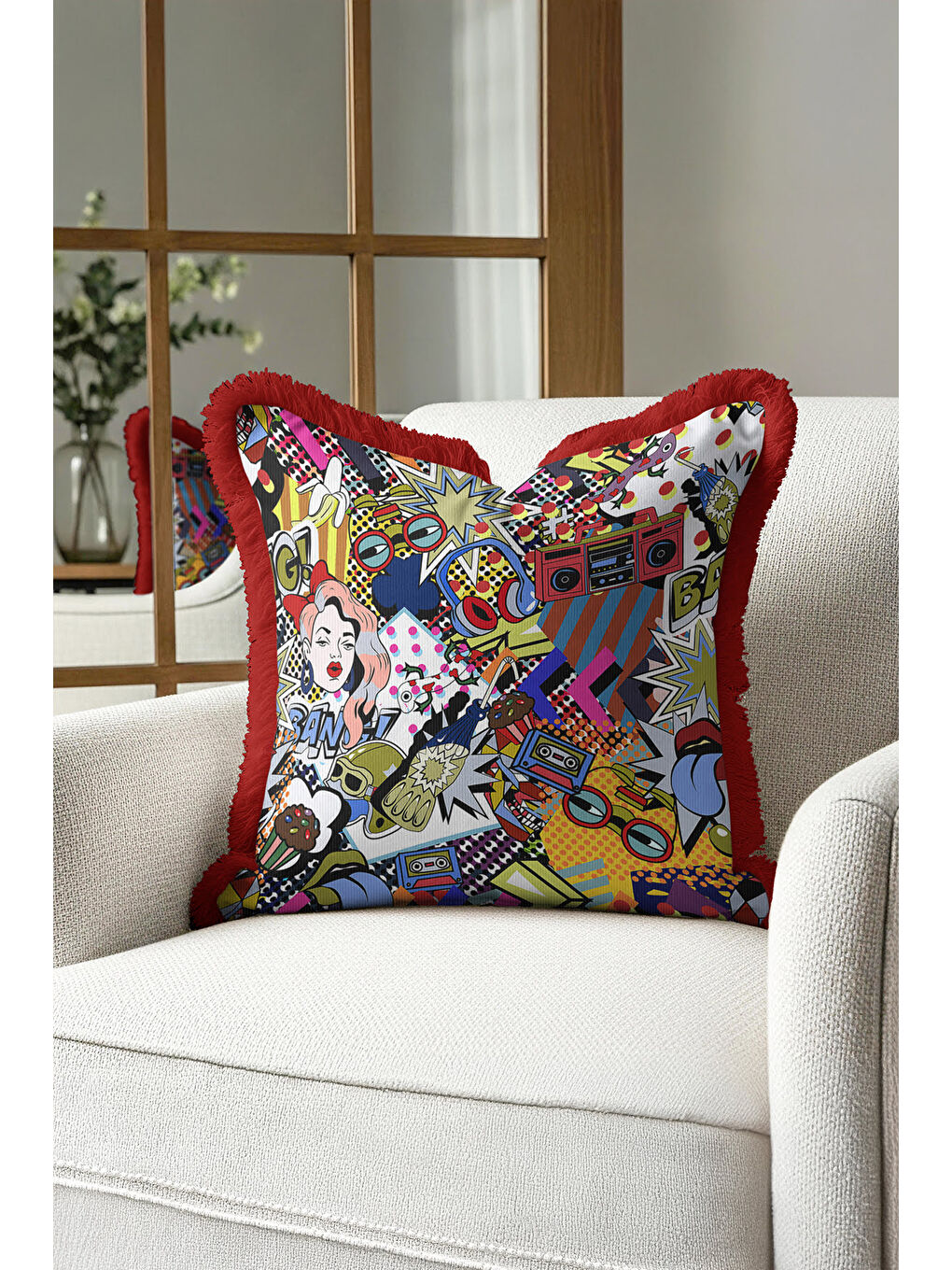 Karışık Pop Art Renkli Saçaklı Yastık Kılıfı - Çizgi Roman Retro Kırmızı Püsküllü Kırlent Kılıfı-1