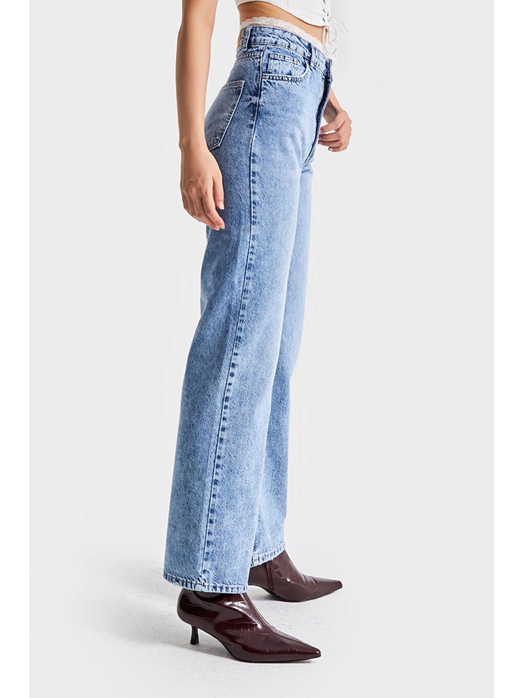Kadın Mavi Renk Doris D-4s5-27 Straight Fit Kemeri Dantel Detaylı Yüksek Bel Tasarım Denim Jean-4
