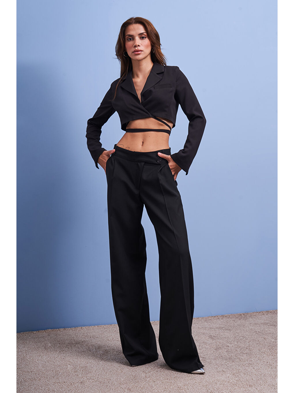 Kadın Siyah Renk Neptun Kemer Detaylı Palazzo Fit Pileli Pantolon-4