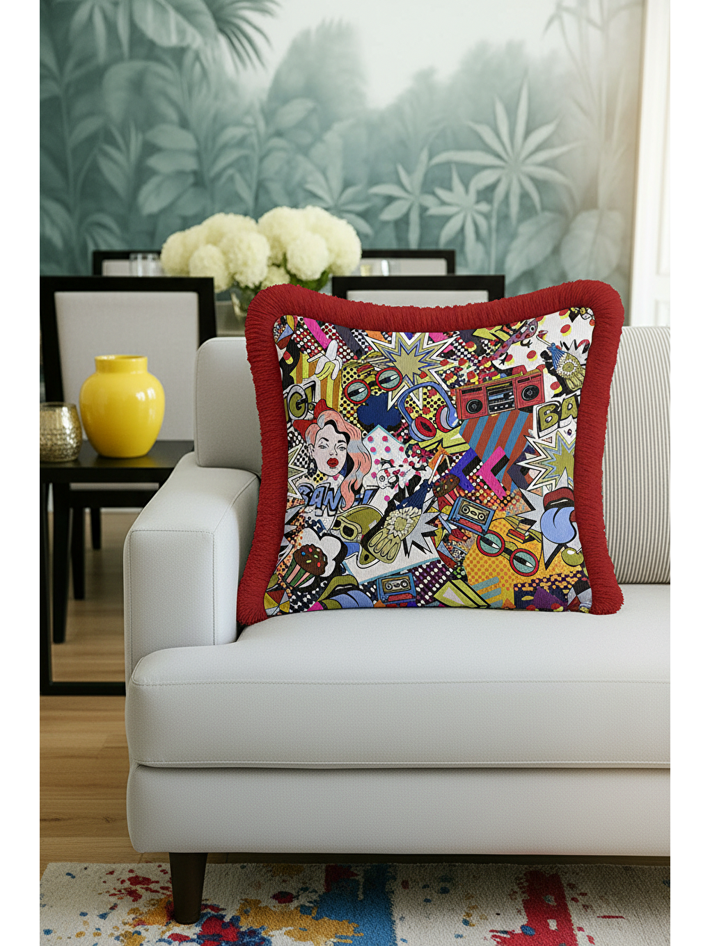 Karışık Pop Art Renkli Saçaklı Yastık Kılıfı - Çizgi Roman Retro Kırmızı Püsküllü Kırlent Kılıfı-2