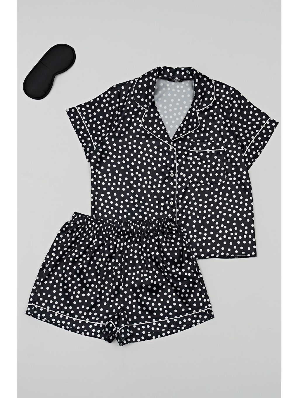 3'lü Puantiyeli Siyah Saten Pijama Şort Takım